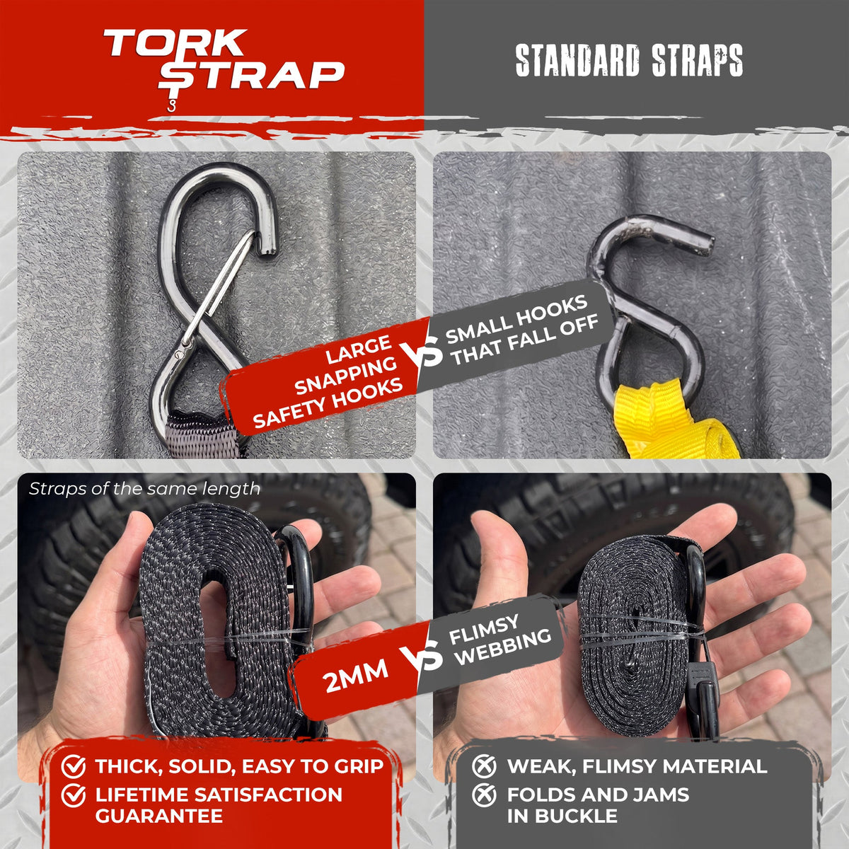 TorkStrap M500 | 14'x1'' Spring Loaded Tie Down Straps - 1500lbs Max Load. (2, 4, 8, 12, Pack)