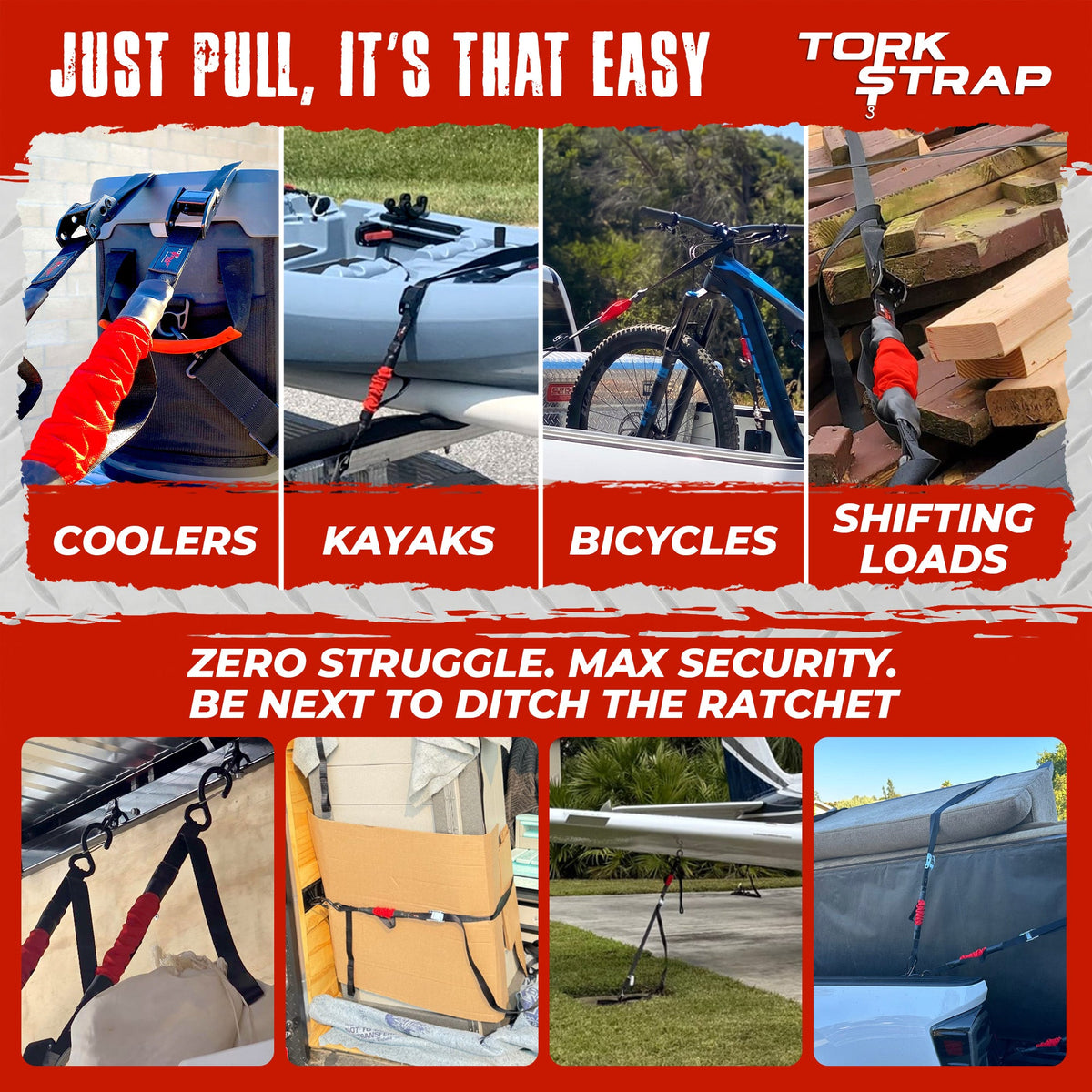 TorkStrap M500 | 14'x1'' Spring Loaded Tie Down Straps - 1500lbs Max Load. (2, 4, 8, 12, Pack)