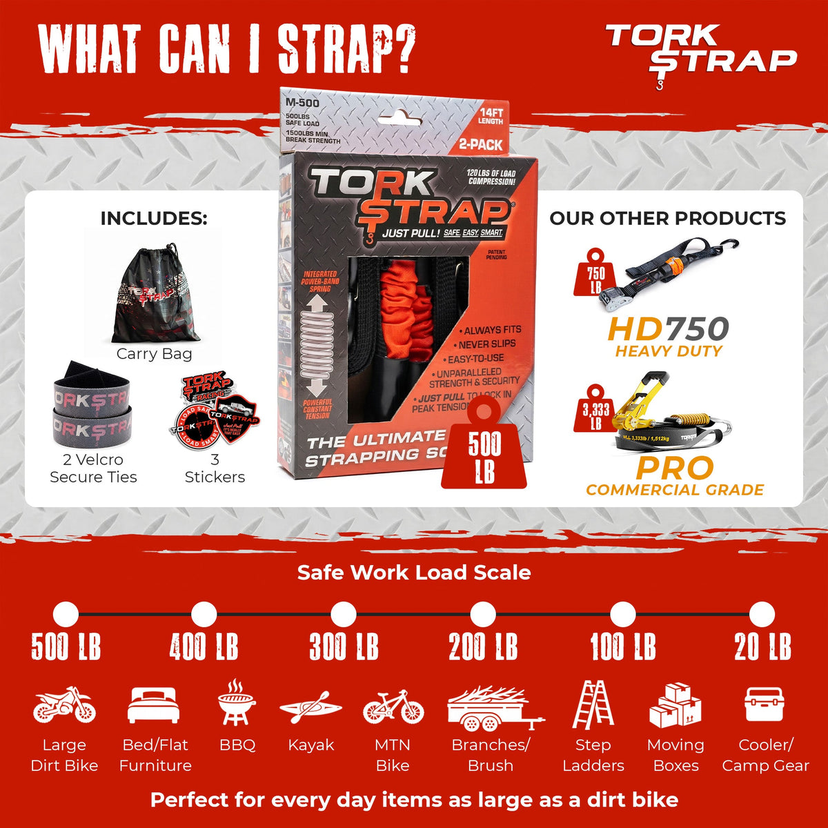 TorkStrap M500 | 14'x1'' Spring Loaded Tie Down Straps - 1500lbs Max Load. (2, 4, 8, 12, Pack)