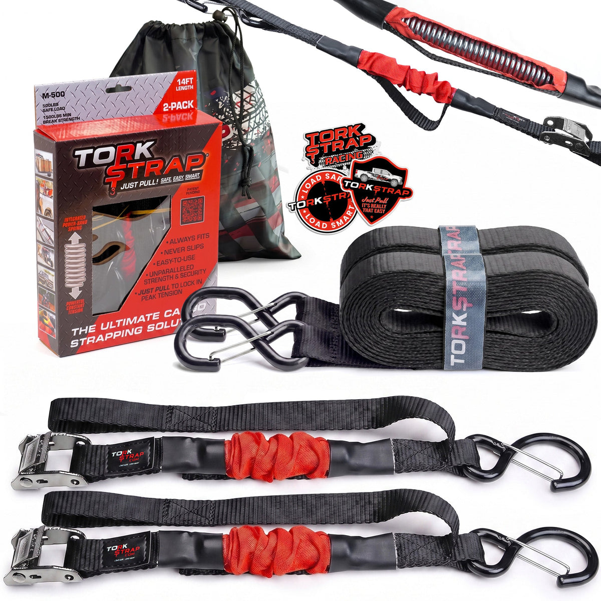 TorkStrap M500 | 14'x1'' Spring Loaded Tie Down Straps - 1500lbs Max Load. (2, 4, 8, 12, Pack)
