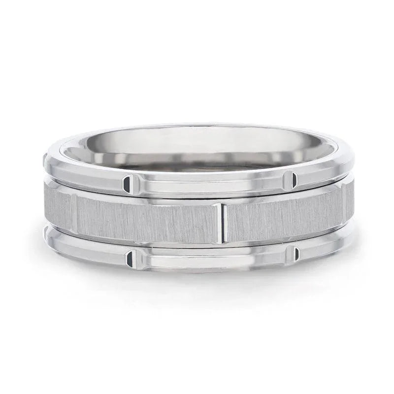 WARRICK Alternating Grooves And Horizontal Etched Finish Titanium Men's Wedding Band with Alternating Grooved Beveled Polished Edges - 8mm