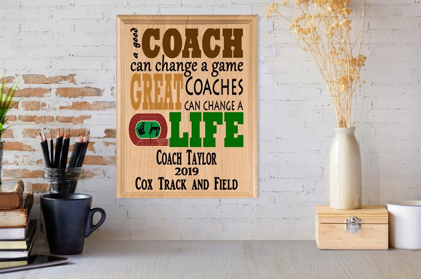 Custom Track Coach Gift – Personalized Wood Plaque with Name & Year – “Great Coaches Change Lives” – Track & Field Design – USA Made – 11x8.5