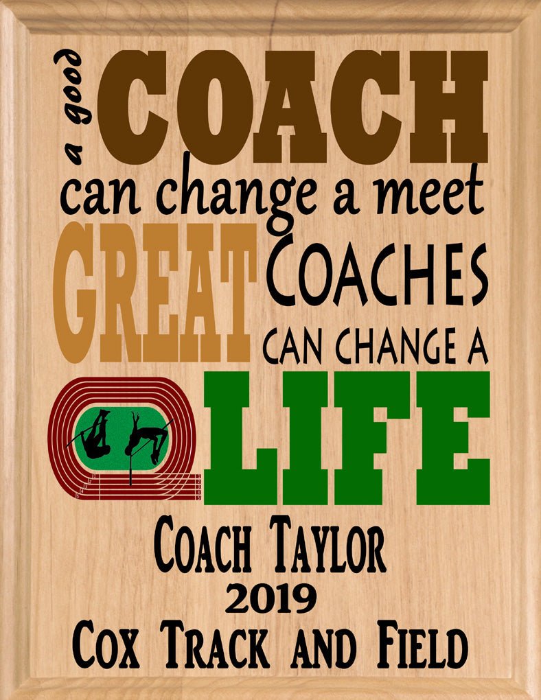 Custom Track Coach Gift – Personalized Wood Plaque with Name & Year – “Great Coaches Change Lives” – Track & Field Design – USA Made – 11x8.5