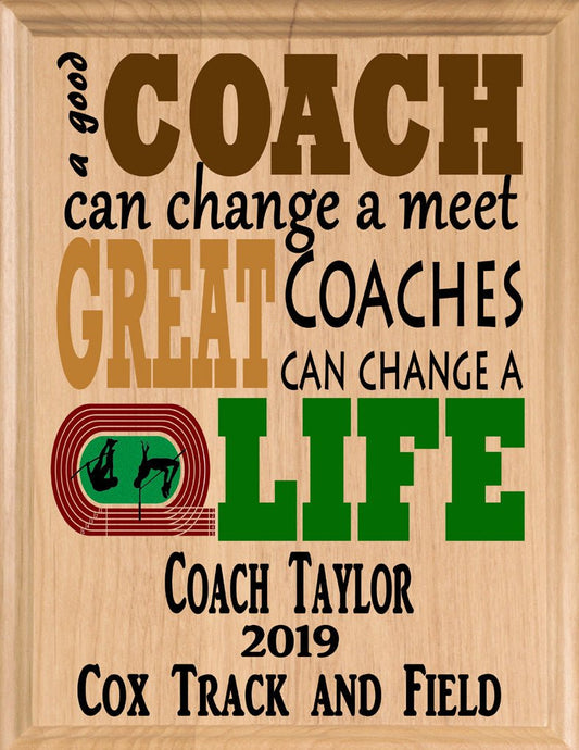 Custom Track Coach Gift – Personalized Wood Plaque with Name & Year – “Great Coaches Change Lives” – Track & Field Design – USA Made – 11x8.5
