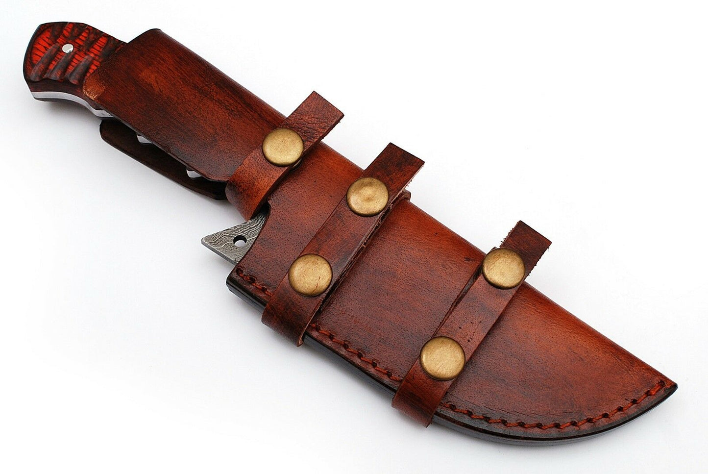 Custom Handcrafted Damascus Steel Tanto Tracker Knife - 11.5" Exotic Color Wood Handle with Horizontal Leather Sheath | Survival, Camping, Tactical | KBS Knives