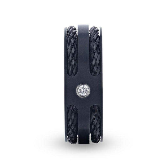 NOIR Double Black Rope Inlaid Brushed Matte Black Titanium Men's Wedding Band With Black Edge Channel Setting And White Diamond In The Center - 8mm