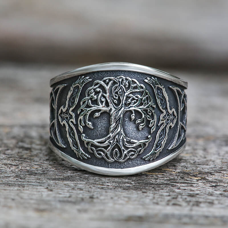 Tree of Life Raven Stainless Steel Viking Ring