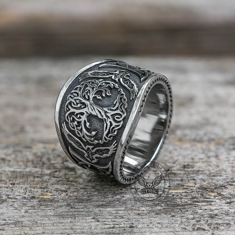 Tree of Life Raven Stainless Steel Viking Ring