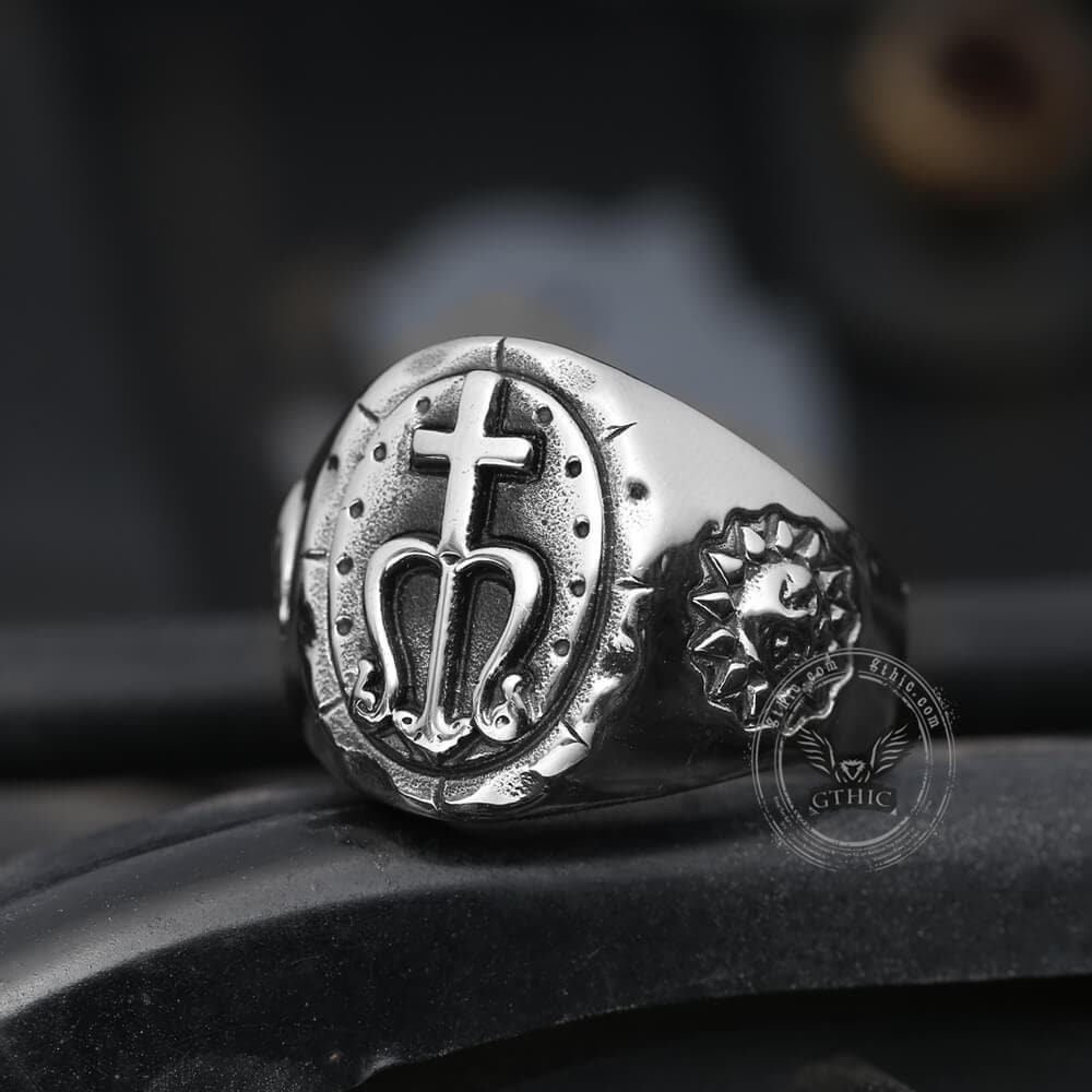 Trident of Poseidon Stainless Steel Petrine Cross Ring