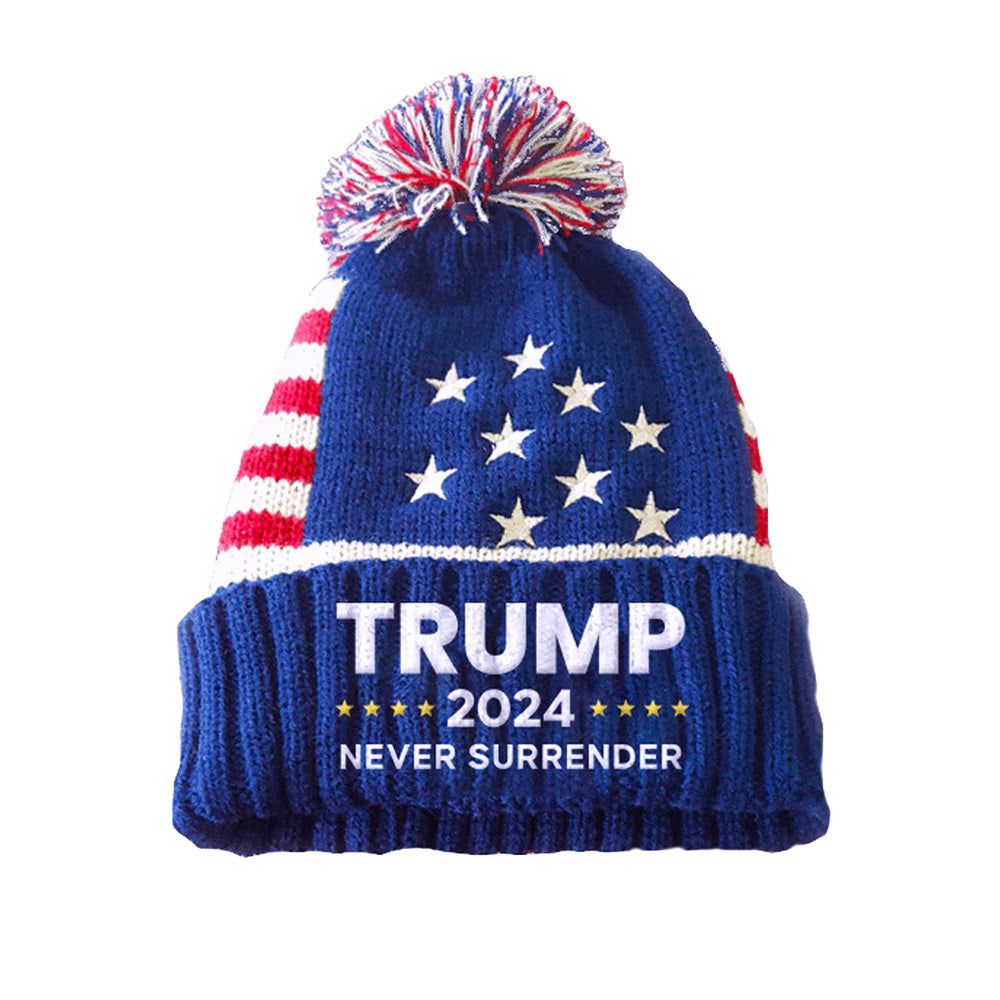 TRUMP PATRIOTIC POM POM BEANIE - NEVER SURRENDER