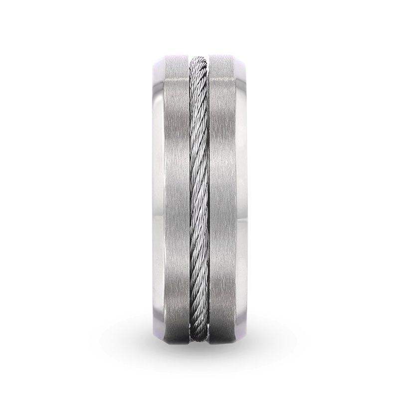ALBERT Steel Cable Inlaid Brushed Center Titanium Men's Wedding Band With Beveled Polished Edges - 8mm