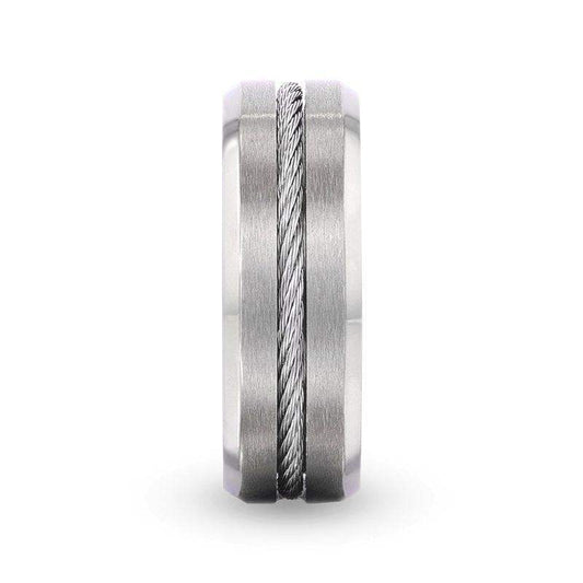ALBERT Steel Cable Inlaid Brushed Center Titanium Men's Wedding Band With Beveled Polished Edges - 8mm