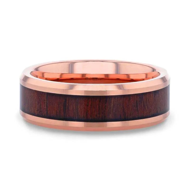 DYLAN Rose Gold Plated Koa Wood Inlaid Tungsten Men's Wedding Band with Beveled Polished Edges - 8mm
