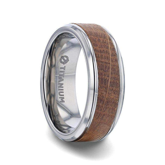 CASK Whiskey Barrel Inlaid Titanium Men's Wedding Band With Beveled Polished Edges Made From Genuine Whiskey Barrels - 8mm