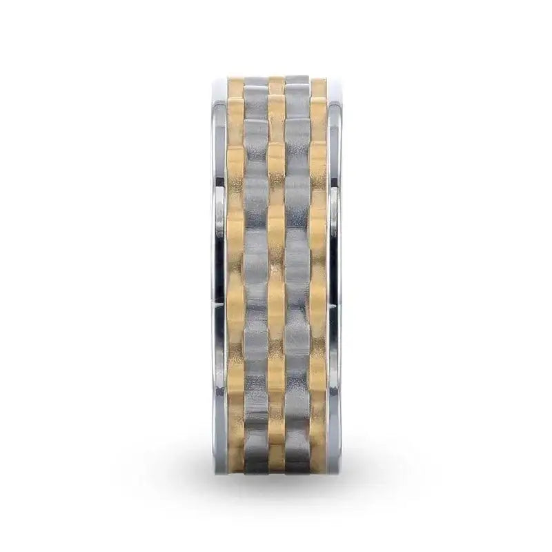 MONTROSE Wavy Gold And Gunmetal Texture Pattern Inlaid Titanium Men's Wedding Band With Flat Polished Profile - 8mm