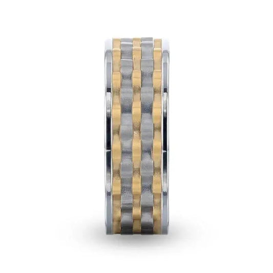 MONTROSE Wavy Gold And Gunmetal Texture Pattern Inlaid Titanium Men's Wedding Band With Flat Polished Profile - 8mm