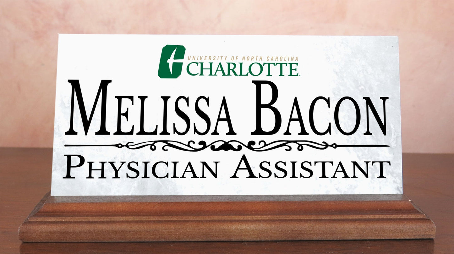UNC Charlotte Nameplate – Solid Marble UNCC Desk Name Plate Sign with Personalized Title