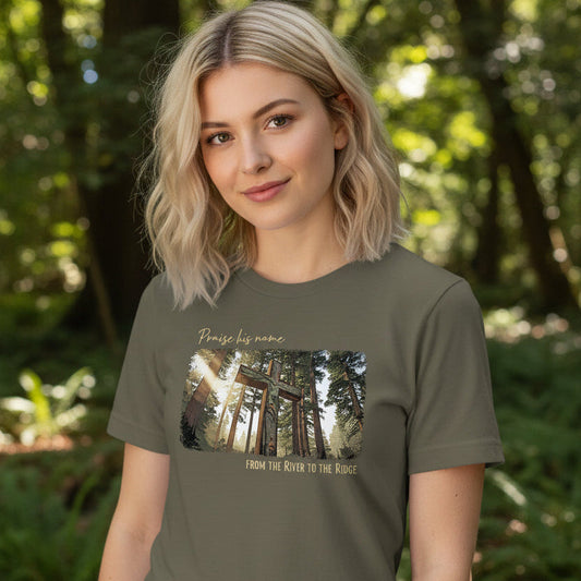 Praise His Name, Women's Christian Camo Cross T-Shirt