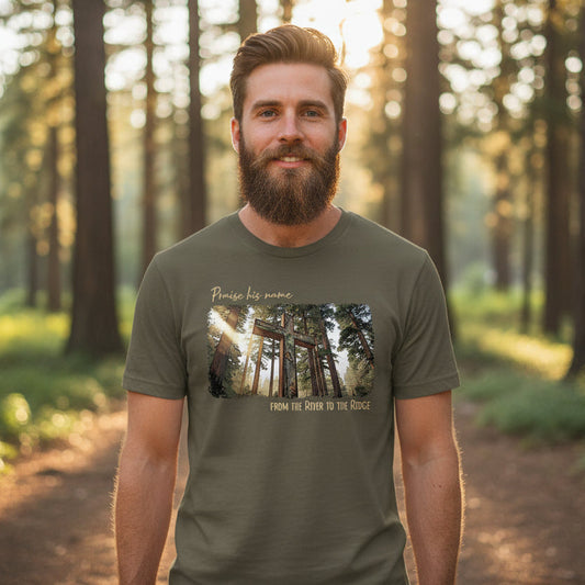 Men's Christian Outdoors Praise His Name from the River to the Ridge T
