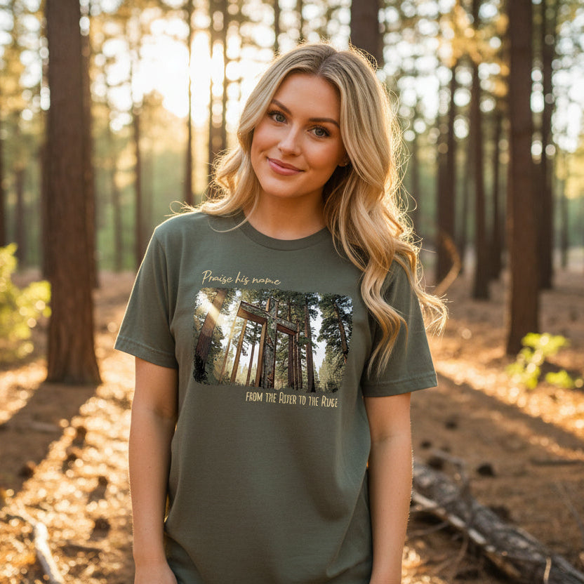 Praise His Name, Women's Christian Camo Cross T-Shirt