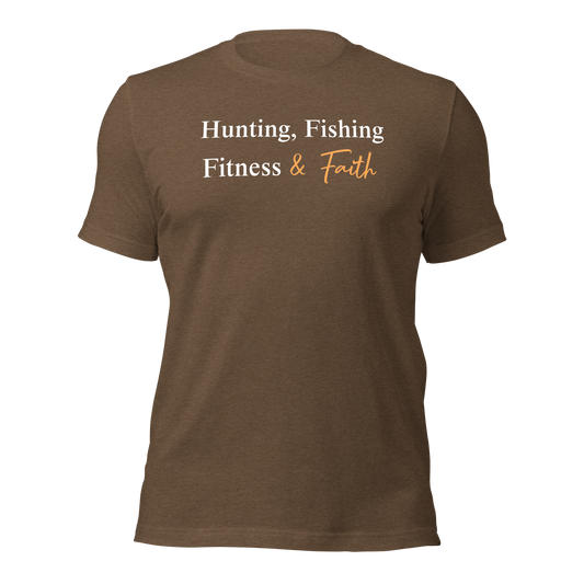 Hunting, Fishing, Fitness & Faith, Men's T, Olive or Brown