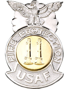 USAF Captain Fire Badge - Metal CHROME/GOLD Two Bugle Parallel