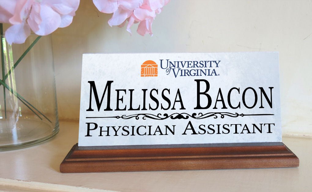 UVA Desk Nameplate – Custom Marble Virginia Name Plate with Personalized Title