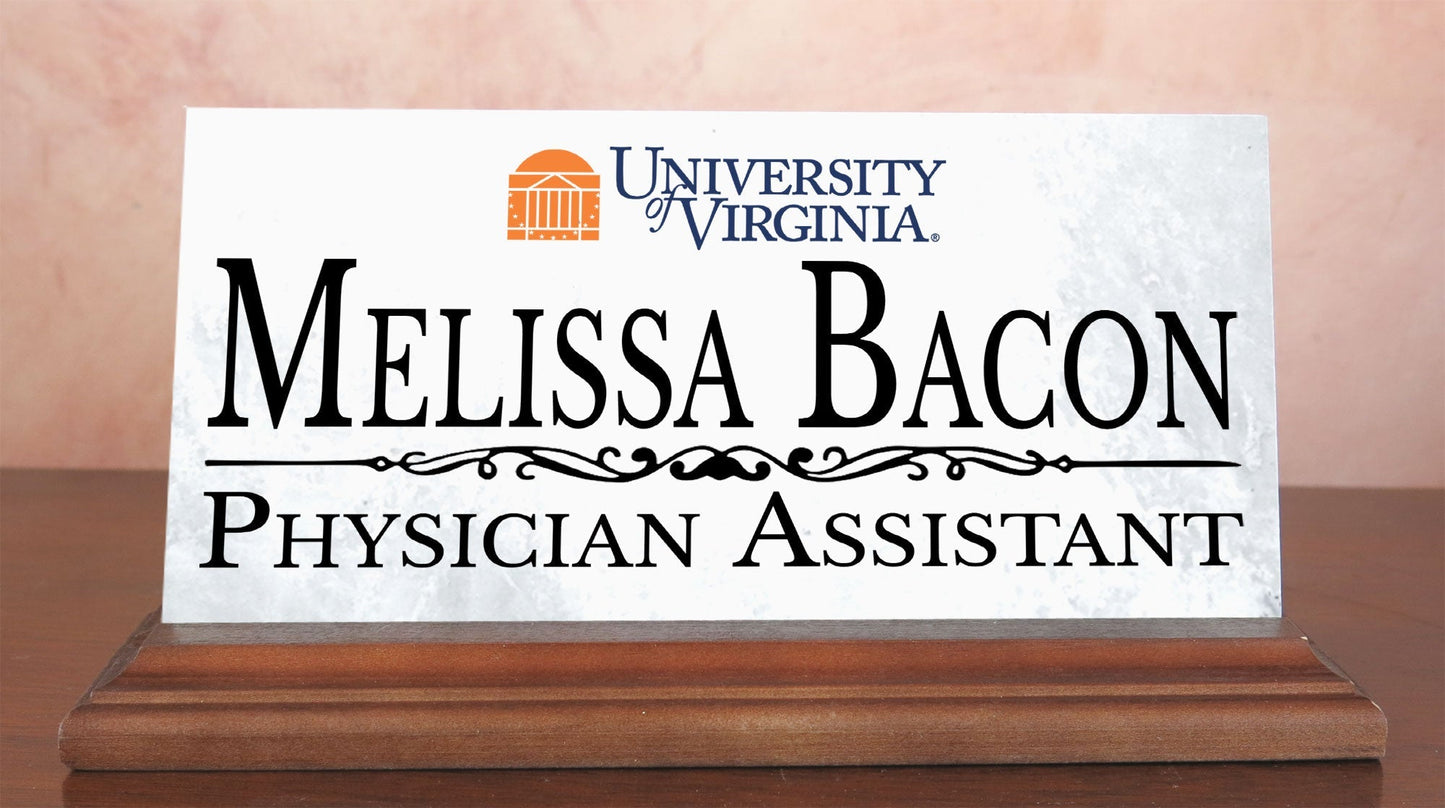 UVA Desk Nameplate – Custom Marble Virginia Name Plate with Personalized Title