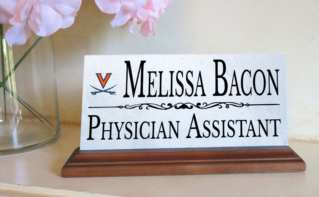UVA Desk Nameplate – Custom Marble Virginia Name Plate with Personalized Title