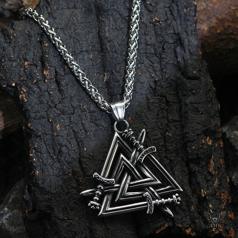 Valknut Curved Sword Stainless Steel Viking Pendant