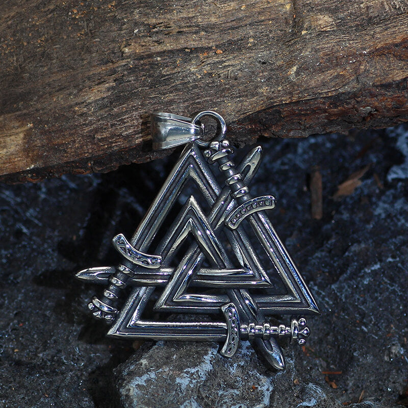 Valknut Curved Sword Stainless Steel Viking Pendant