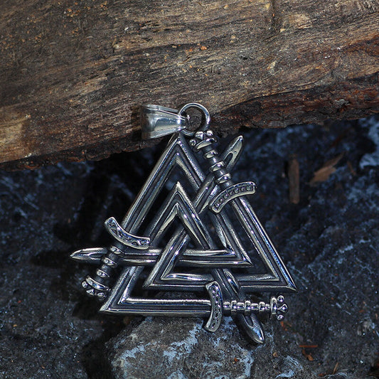 Valknut Curved Sword Stainless Steel Viking Pendant