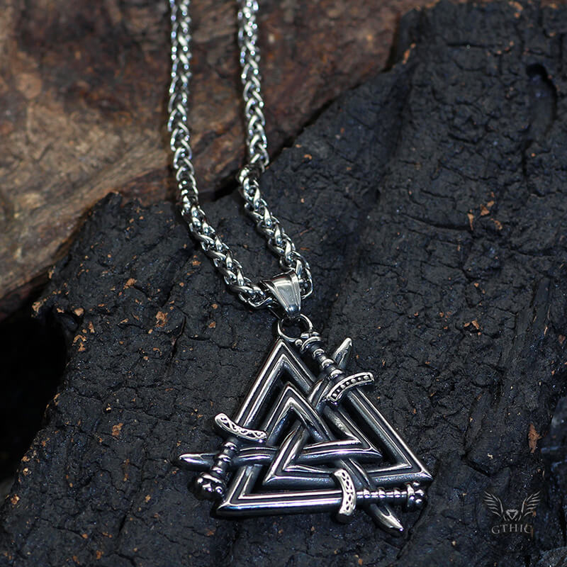 Valknut Curved Sword Stainless Steel Viking Pendant