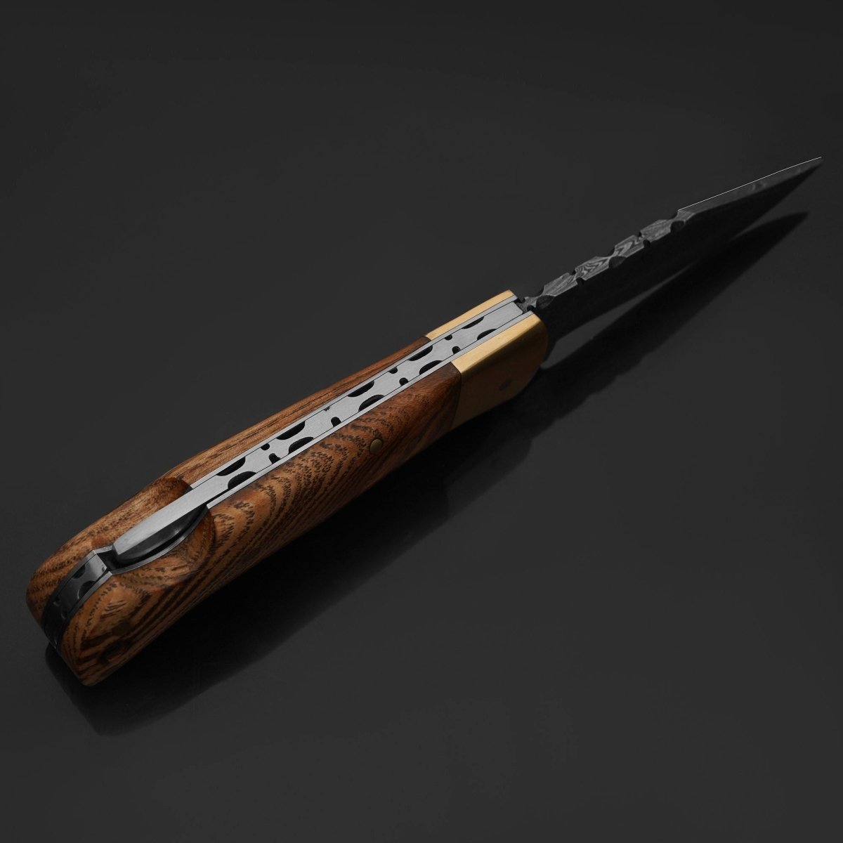 Vanguard Damascus Folding Knife with Charred Oak Handle