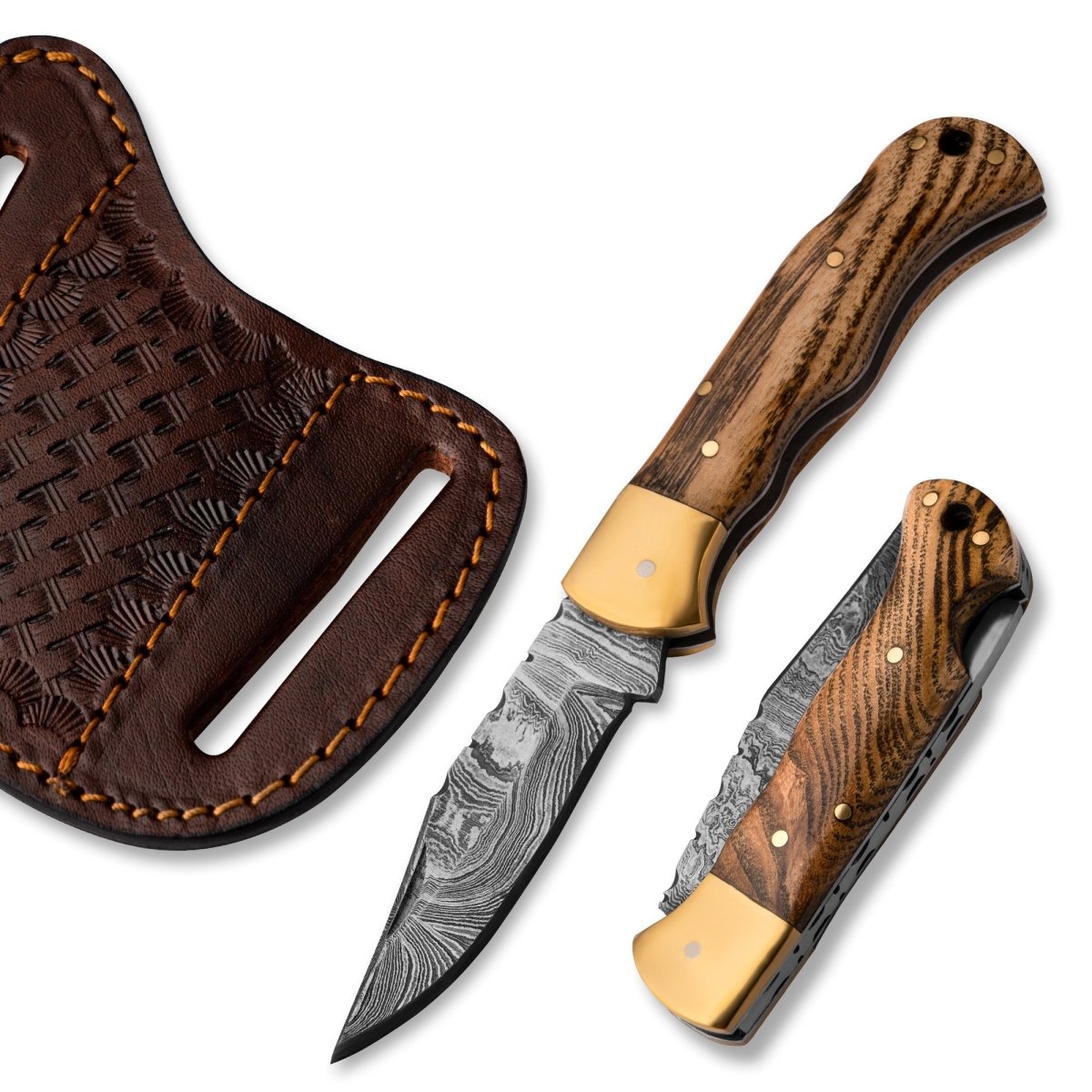 Vanguard Damascus Folding Knife with Charred Oak Handle