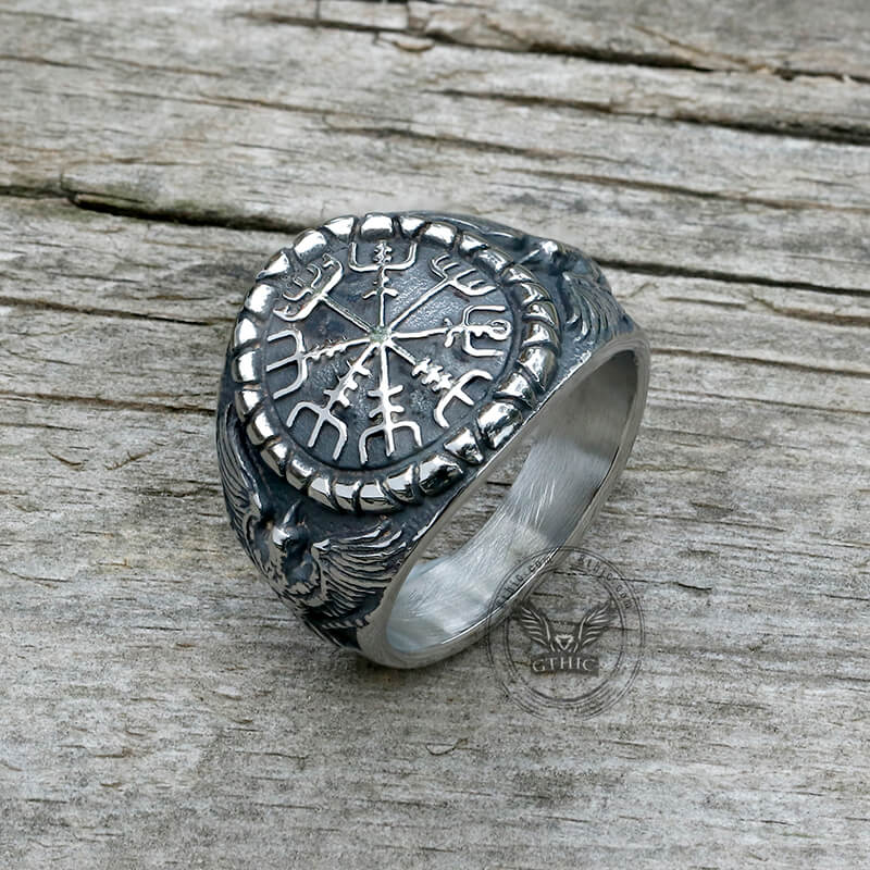 Vegvísir Raven Stainless Steel Viking Ring