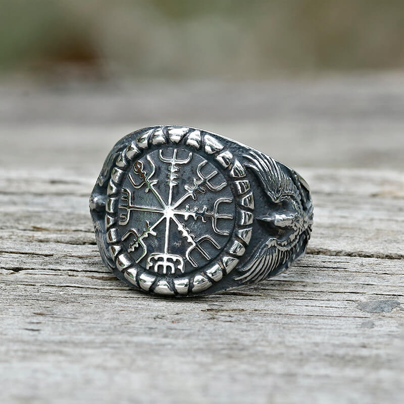 Vegvísir Raven Stainless Steel Viking Ring