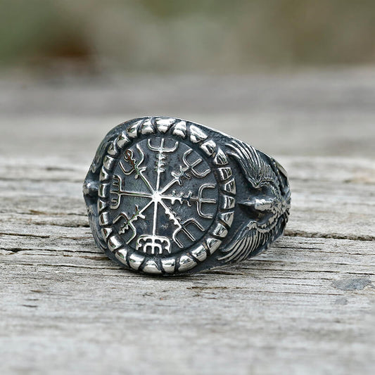 Vegvísir Raven Stainless Steel Viking Ring