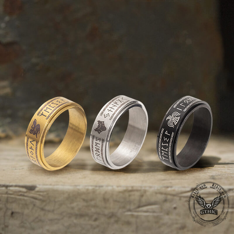 Viking Animal Runes Stainless Steel Spinner Ring