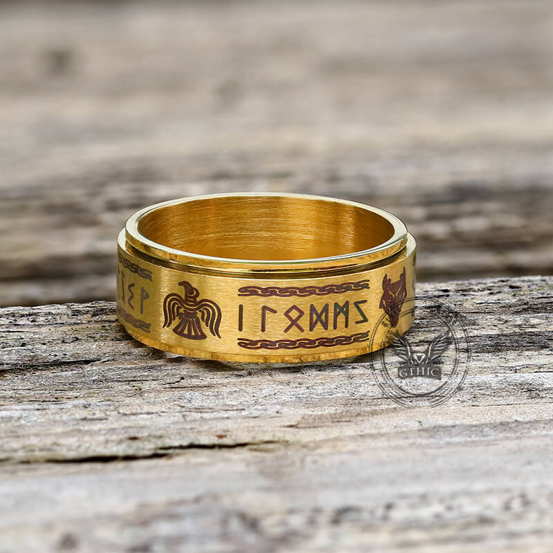 Viking Animal Runes Stainless Steel Spinner Ring