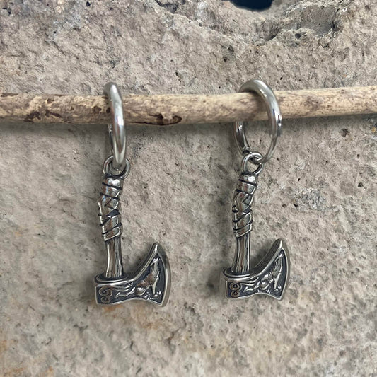Viking Axe Wolf Stainless Steel Earrings