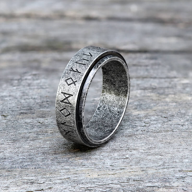 Viking Runes Carved Stainless Steel Spinner Ring