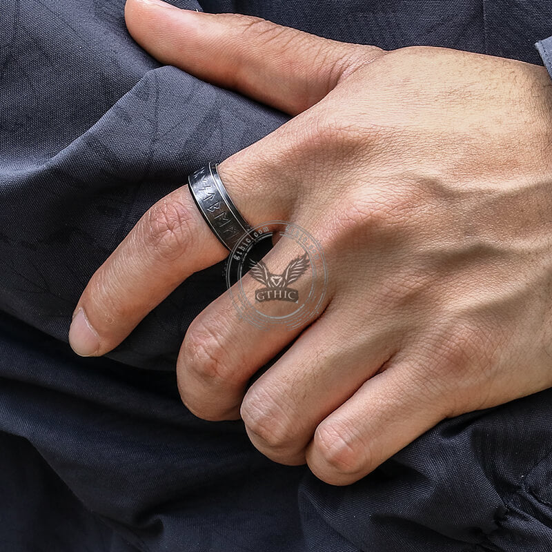 Viking Runes Carved Stainless Steel Spinner Ring