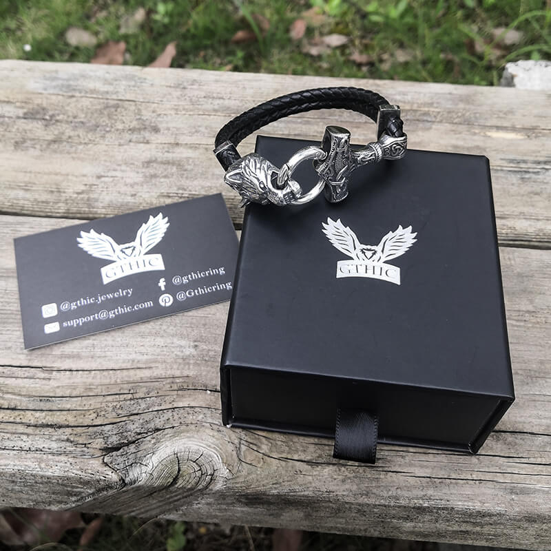 Viking Wolf Head Stainless Steel Leather Bracelet