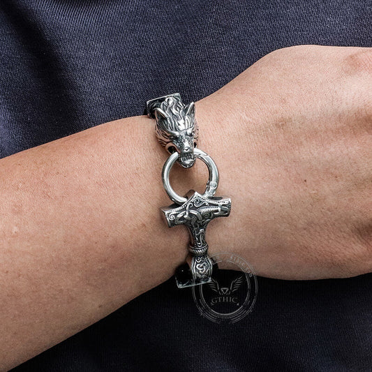 Viking Wolf Head Stainless Steel Leather Bracelet
