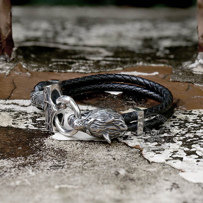 Viking Wolf Head Stainless Steel Leather Bracelet