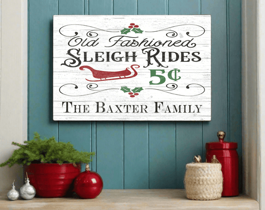 Vintage Christmas Sign Sleigh Rides Wood Old Fashioned Holiday Decoration