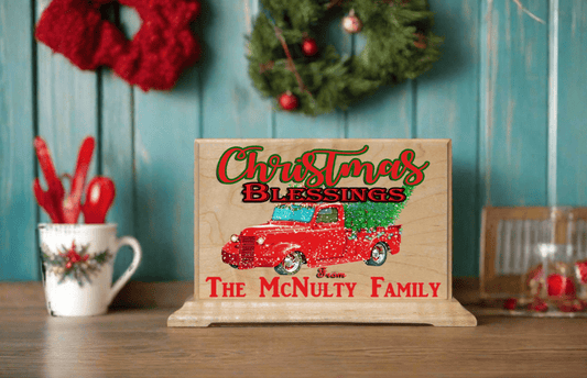 Vintage Red Truck Christmas Sign Personalized Family Name Holiday Decoration