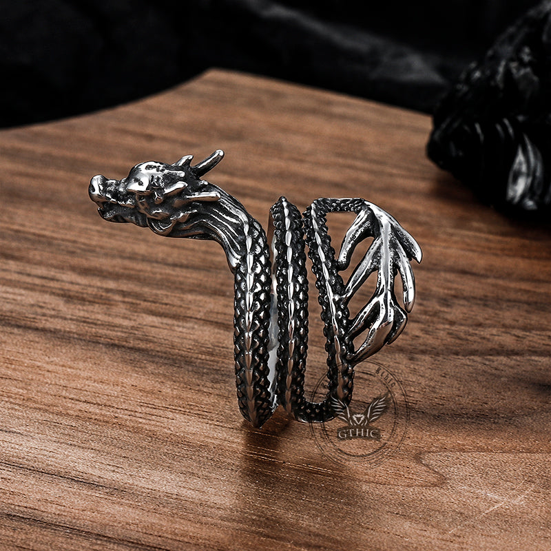 Vintage Coiled Chinese Dragon Stainless Steel Ring