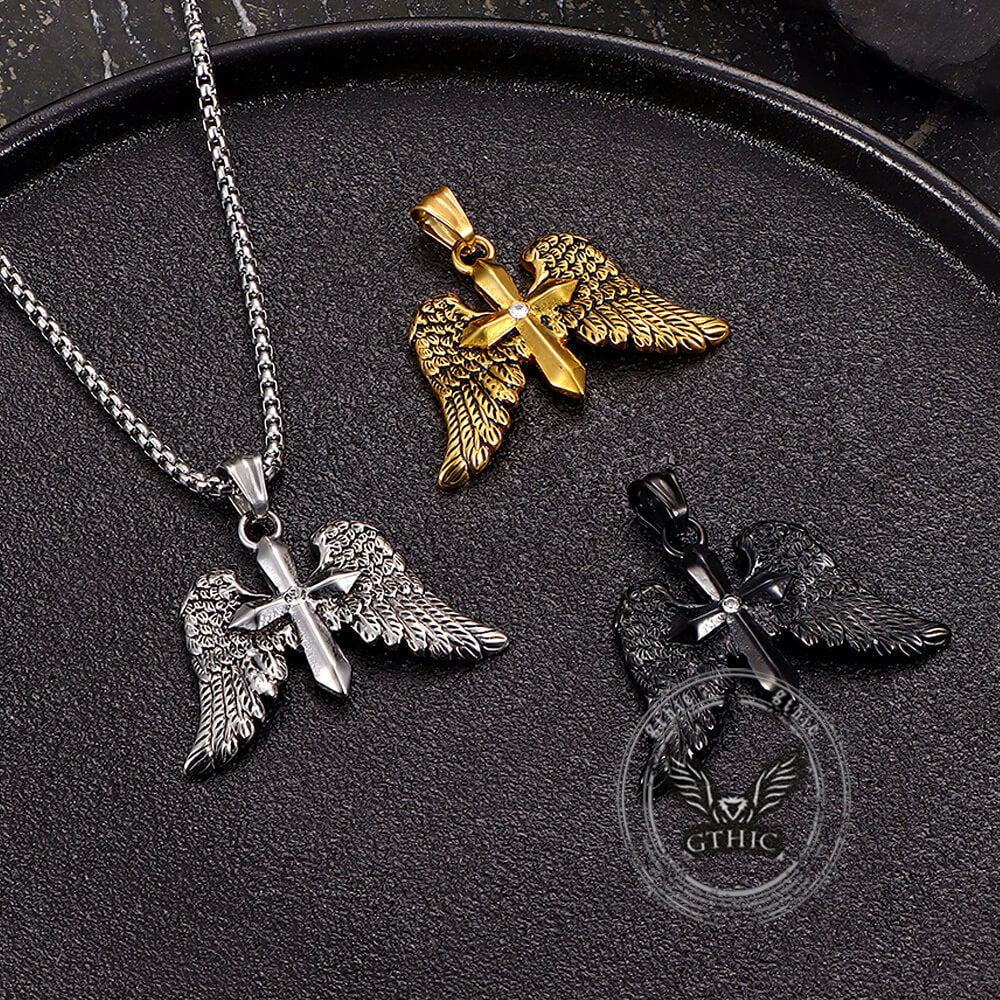 Vintage Cross Angel Wings Stainless Steel Pendant